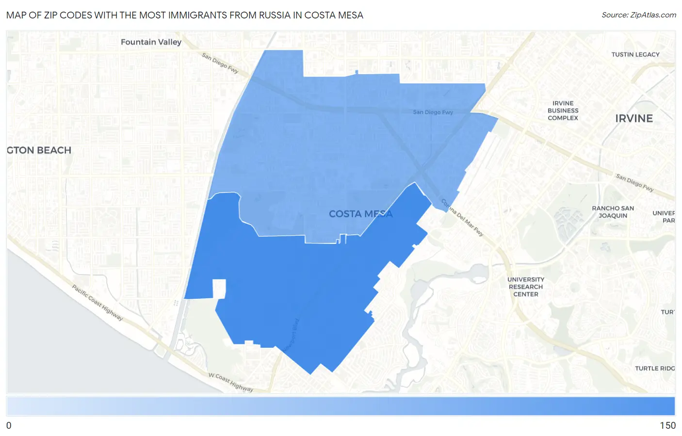 Zip Codes with the Most Immigrants from Russia in Costa Mesa Map
