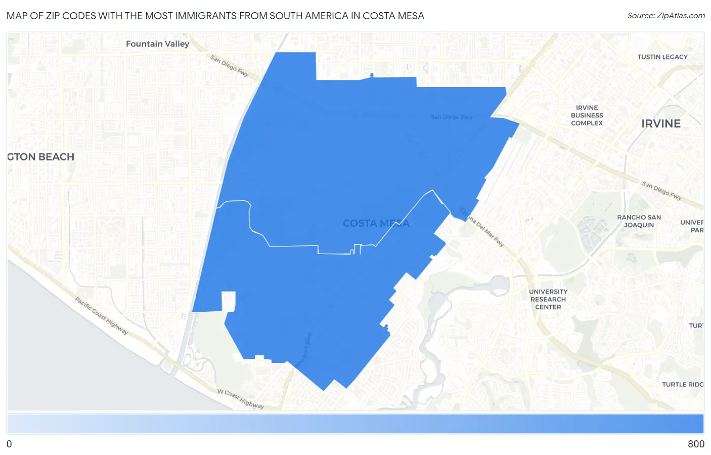 Zip Codes with the Most Immigrants from South America in Costa Mesa Map