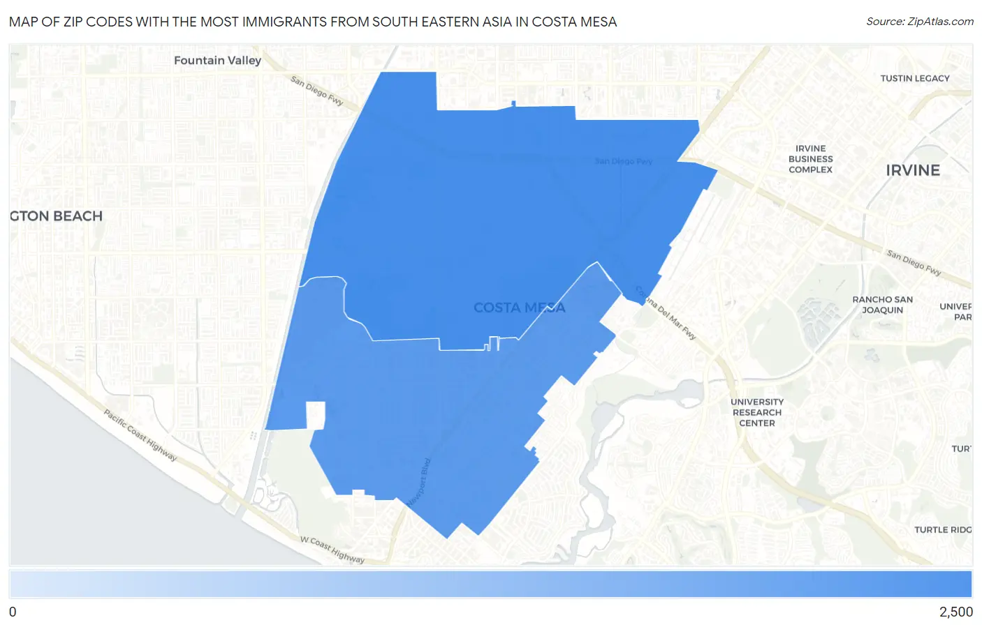 Zip Codes with the Most Immigrants from South Eastern Asia in Costa Mesa Map