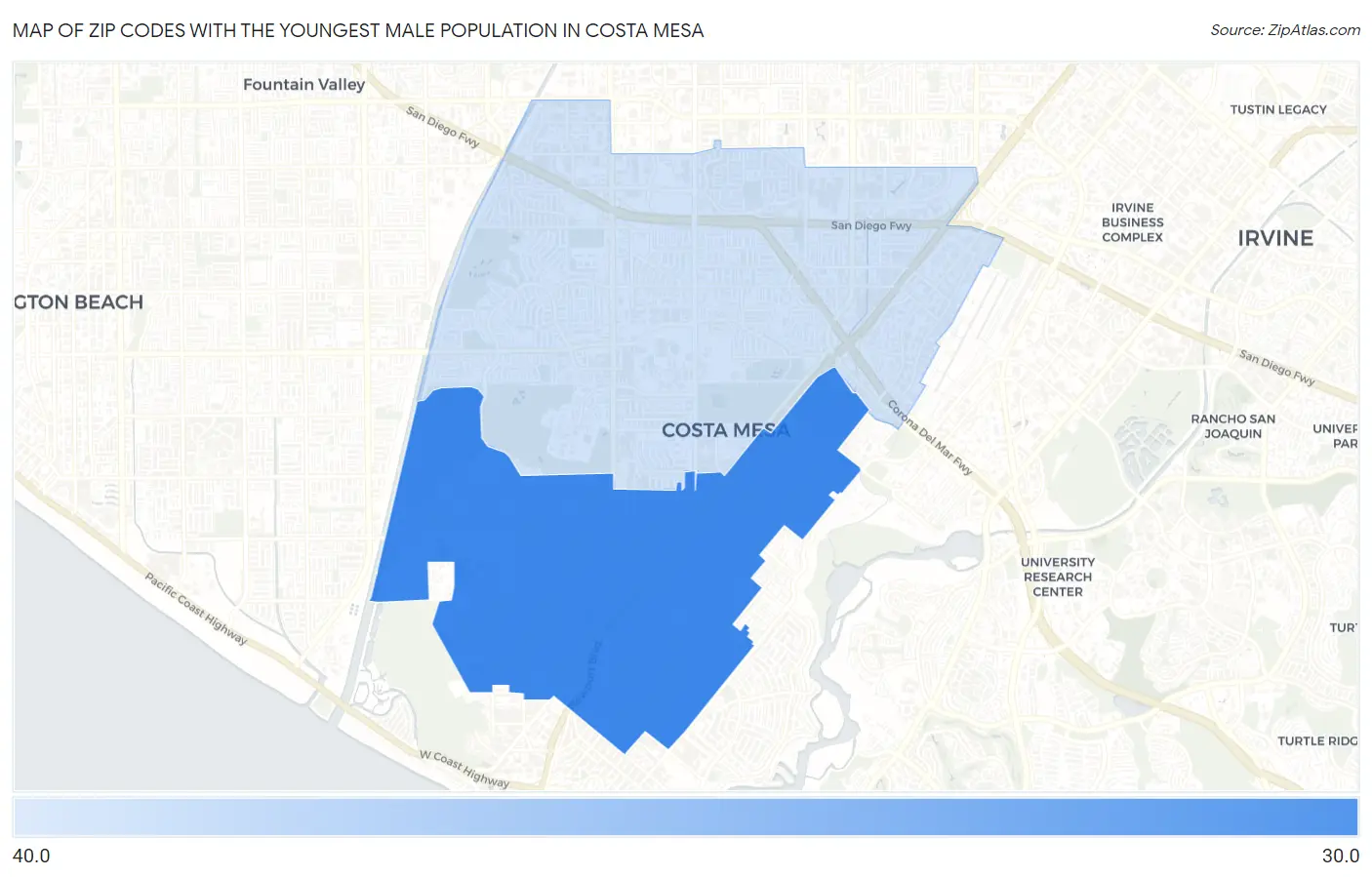 Zip Codes with the Youngest Male Population in Costa Mesa Map