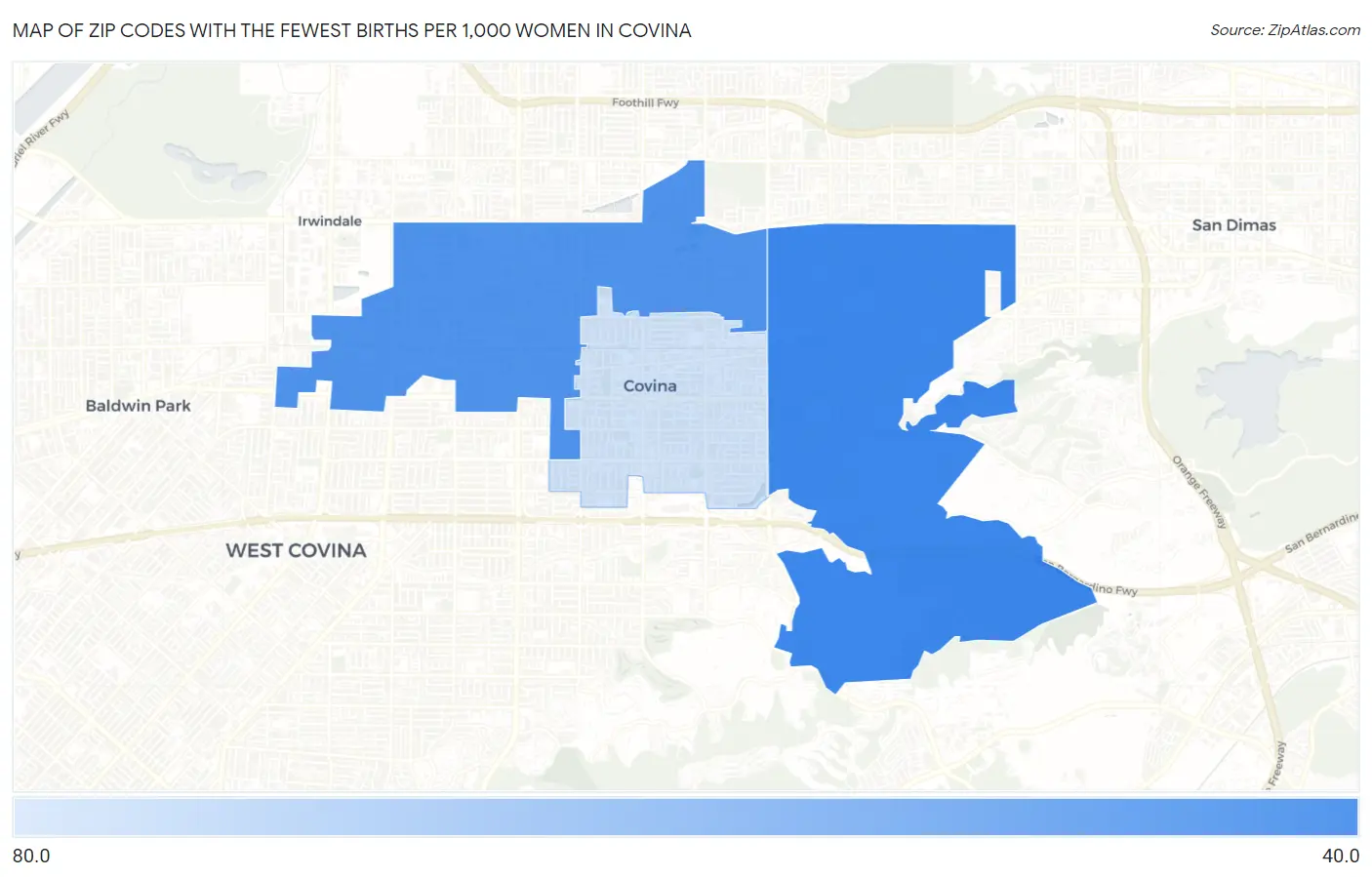 Zip Codes with the Fewest Births per 1,000 Women in Covina Map