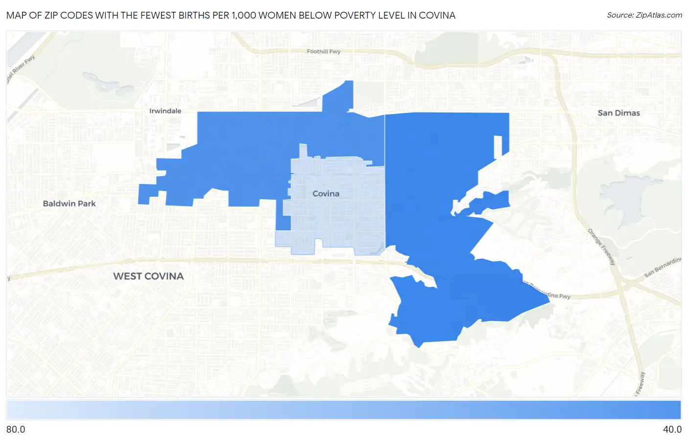 Zip Codes with the Fewest Births per 1,000 Women Below Poverty Level in Covina Map