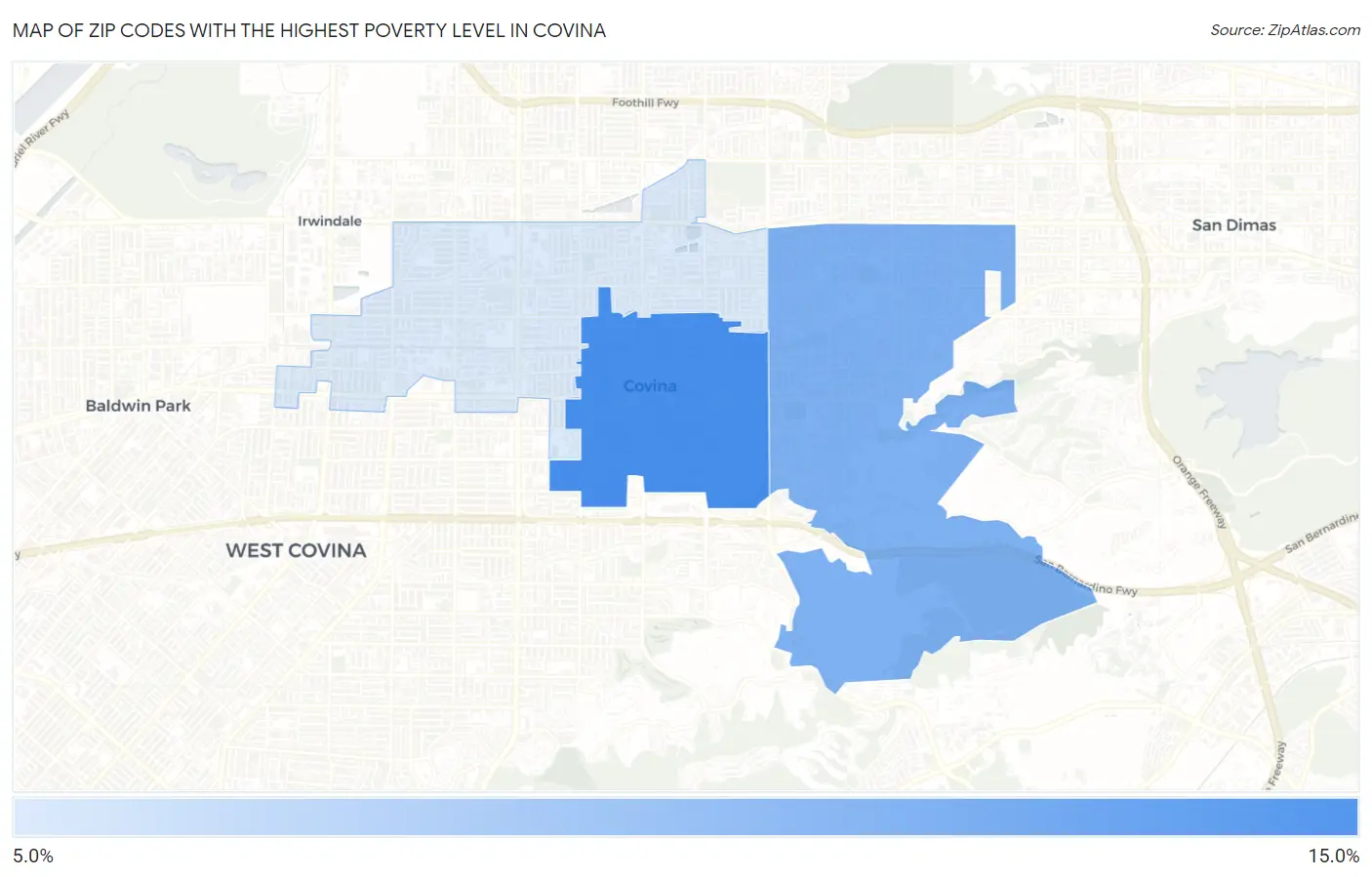 Zip Codes with the Highest Poverty Level in Covina Map