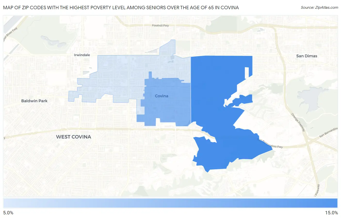 Zip Codes with the Highest Poverty Level Among Seniors Over the Age of 65 in Covina Map
