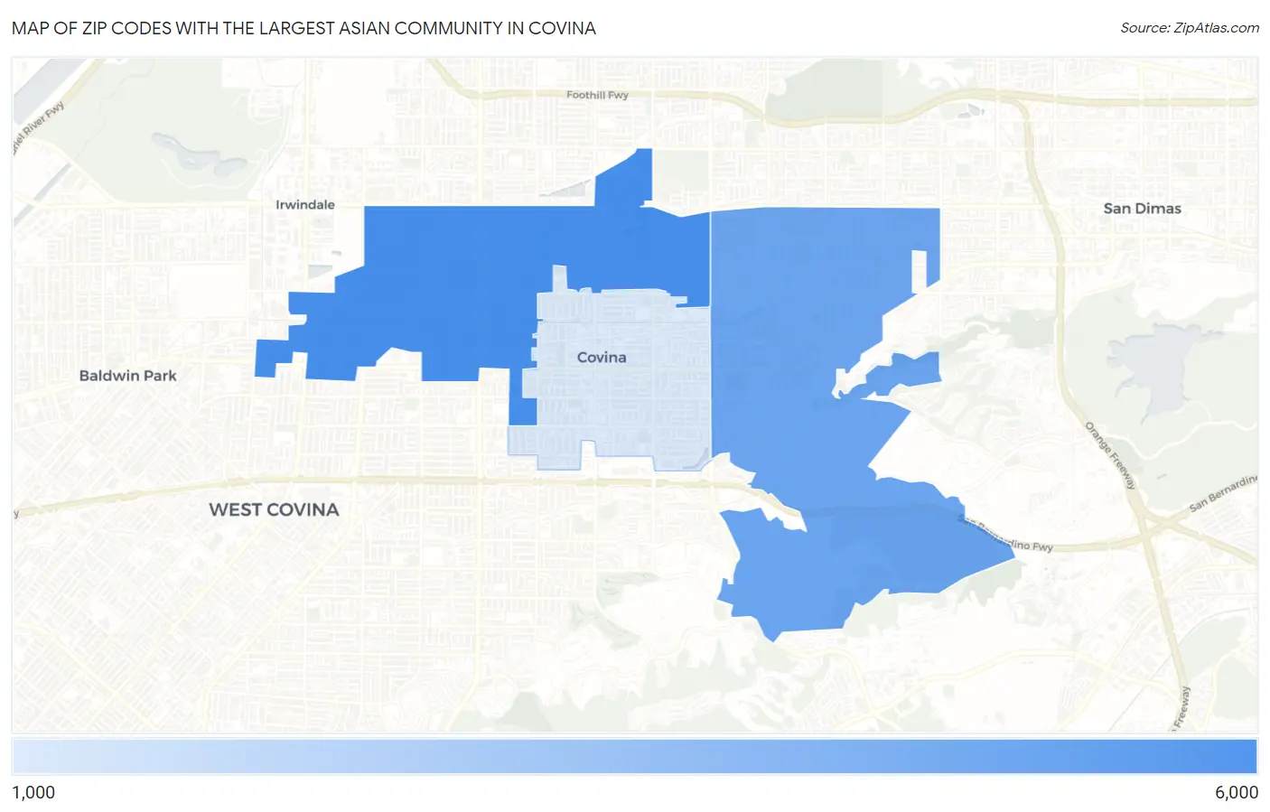 Zip Codes with the Largest Asian Community in Covina Map