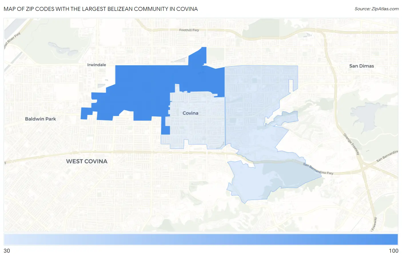 Zip Codes with the Largest Belizean Community in Covina Map