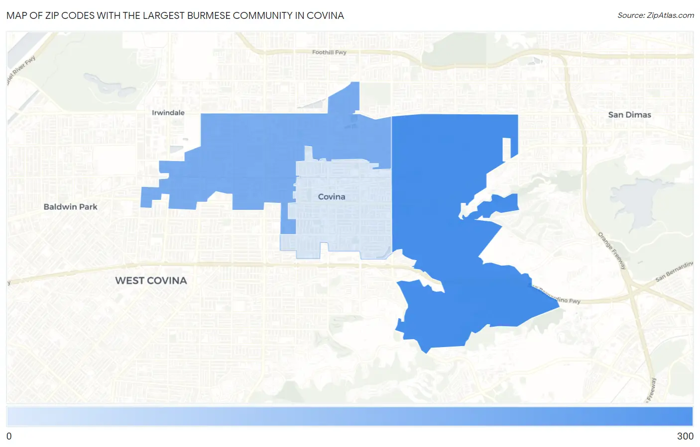 Zip Codes with the Largest Burmese Community in Covina Map