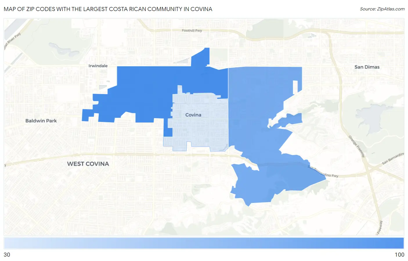 Zip Codes with the Largest Costa Rican Community in Covina Map