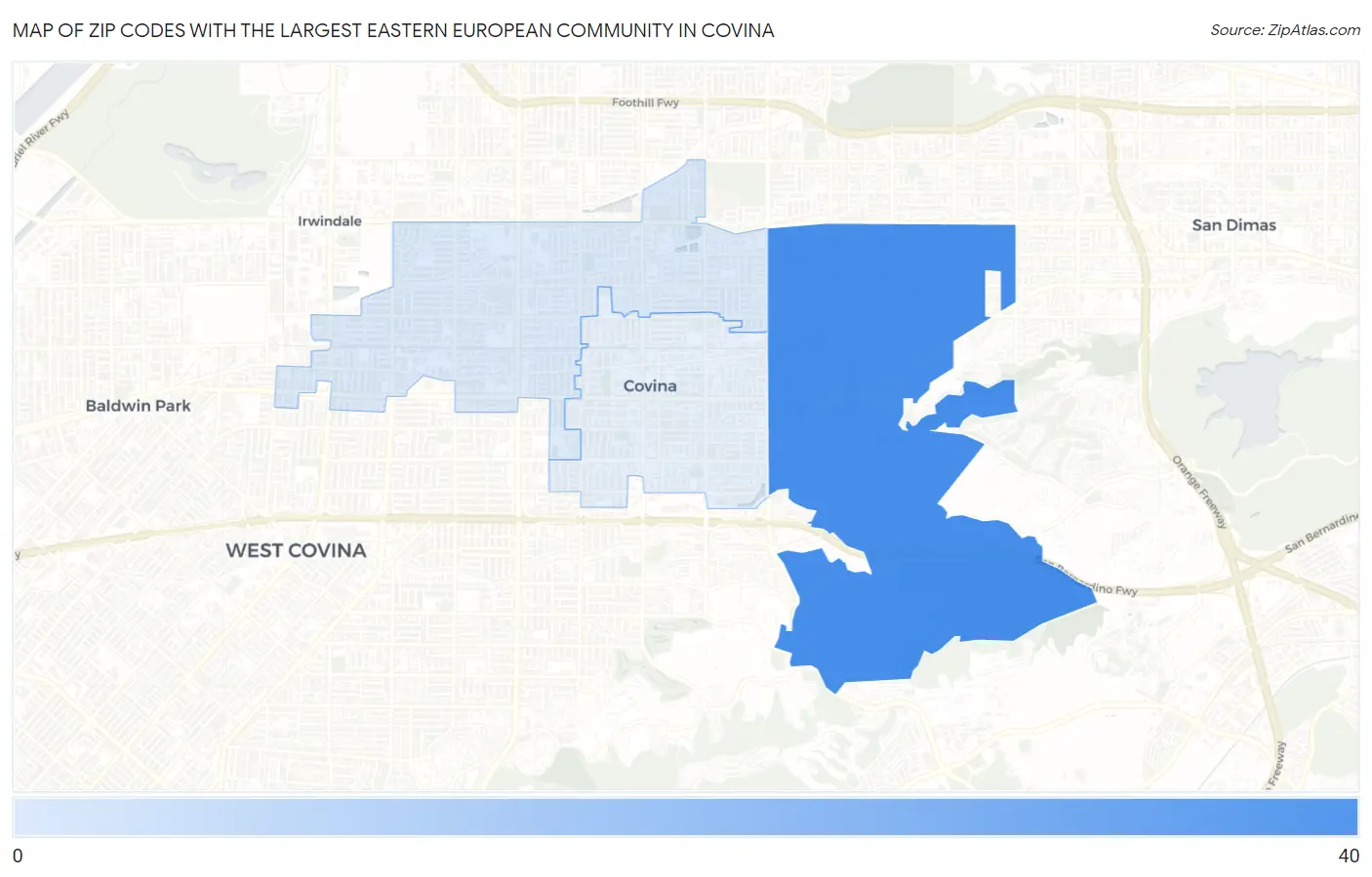 Zip Codes with the Largest Eastern European Community in Covina Map