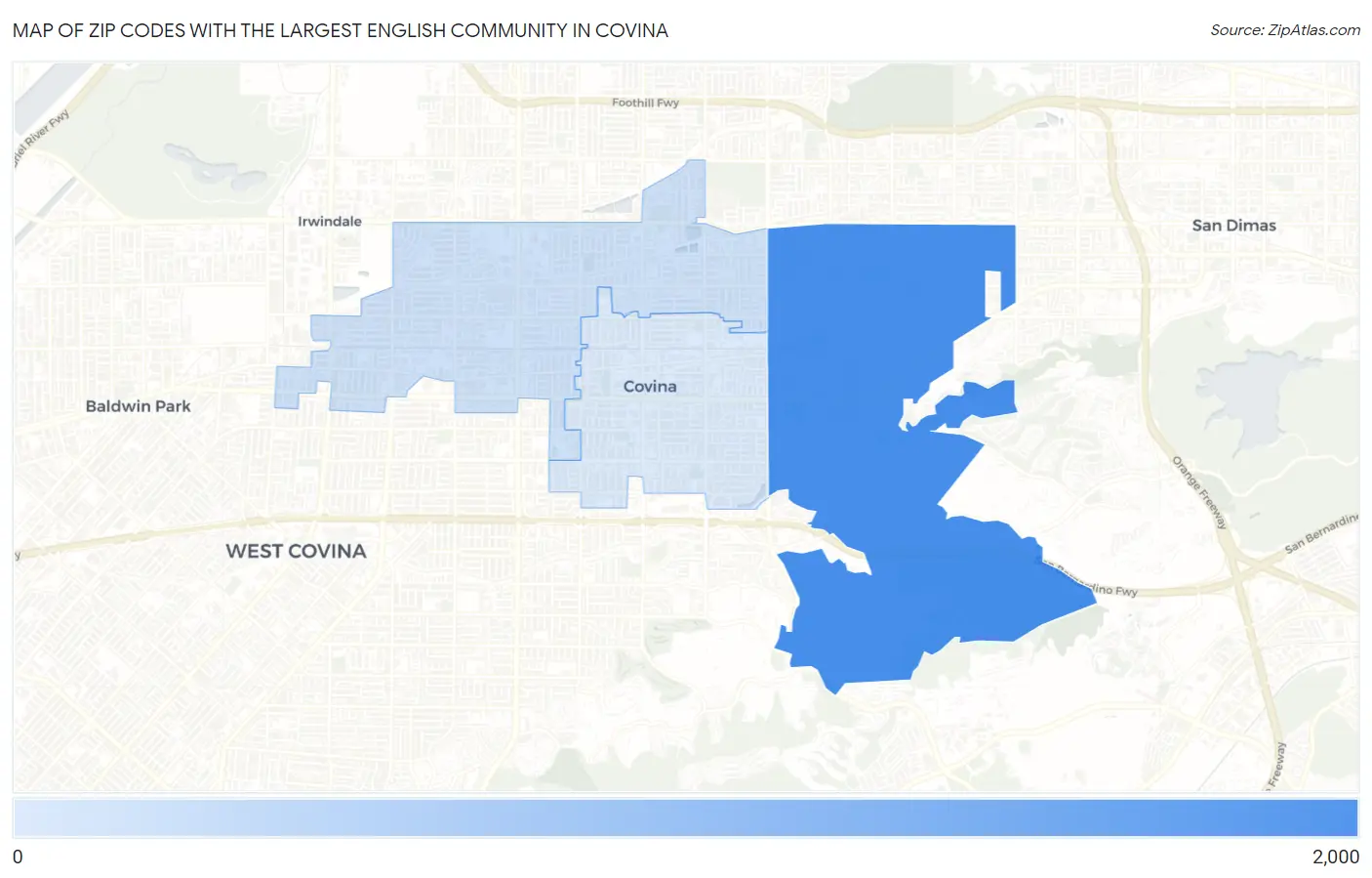 Zip Codes with the Largest English Community in Covina Map