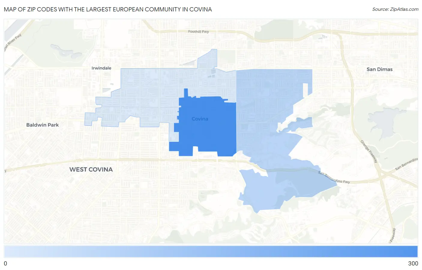 Zip Codes with the Largest European Community in Covina Map