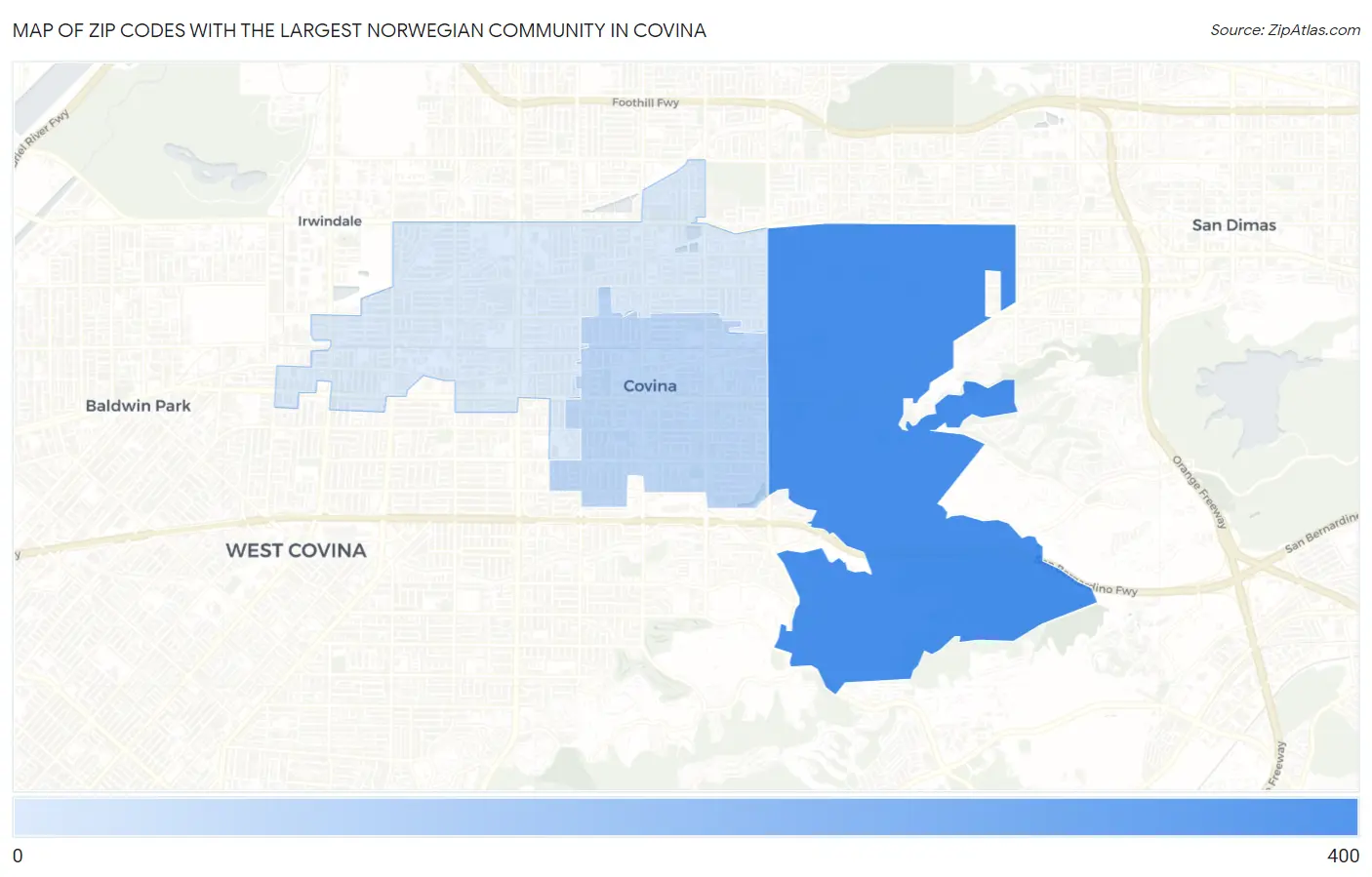 Zip Codes with the Largest Norwegian Community in Covina Map