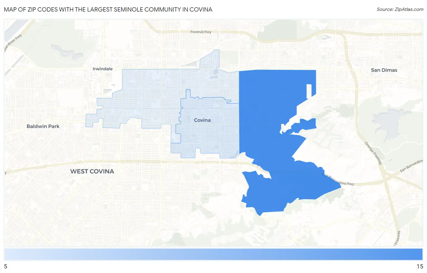 Zip Codes with the Largest Seminole Community in Covina Map