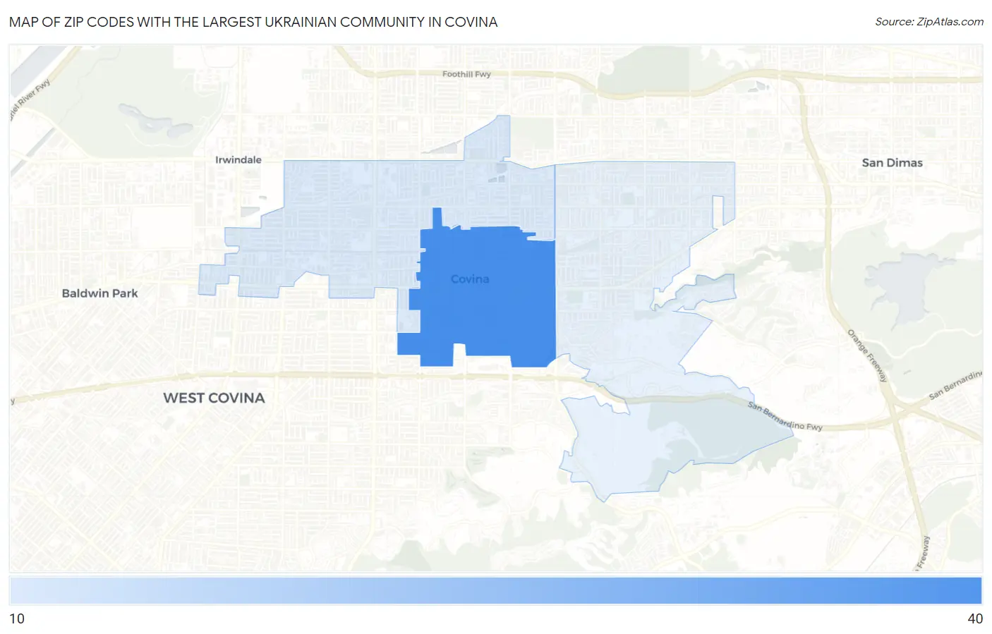 Zip Codes with the Largest Ukrainian Community in Covina Map