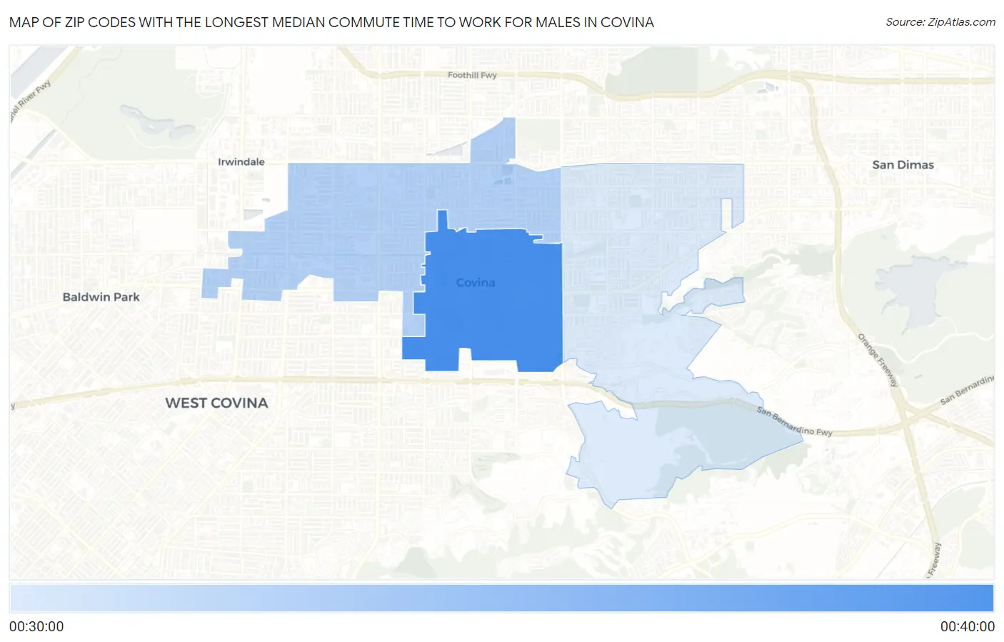 Zip Codes with the Longest Median Commute Time to Work for Males in Covina Map