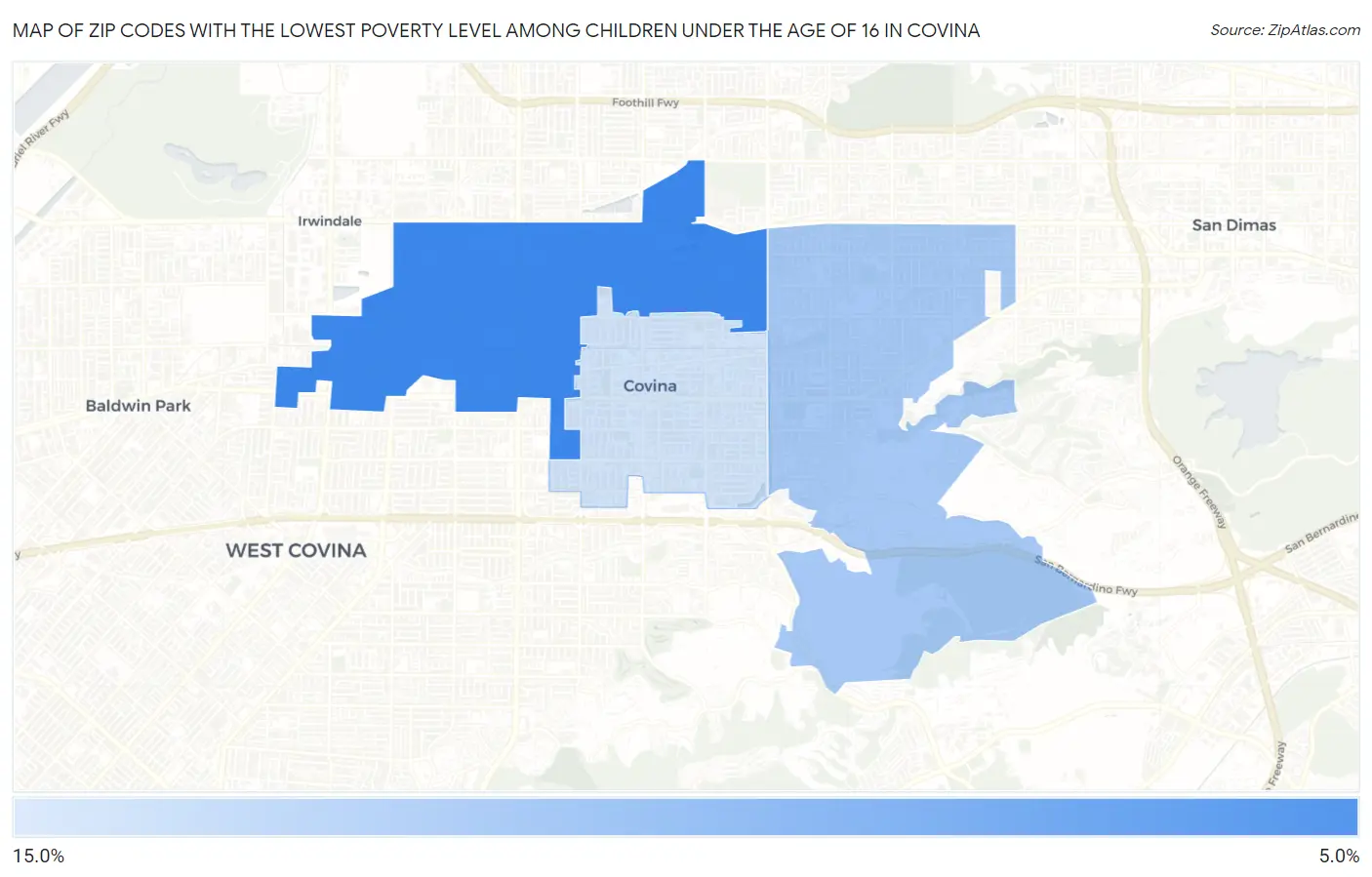 Zip Codes with the Lowest Poverty Level Among Children Under the Age of 16 in Covina Map