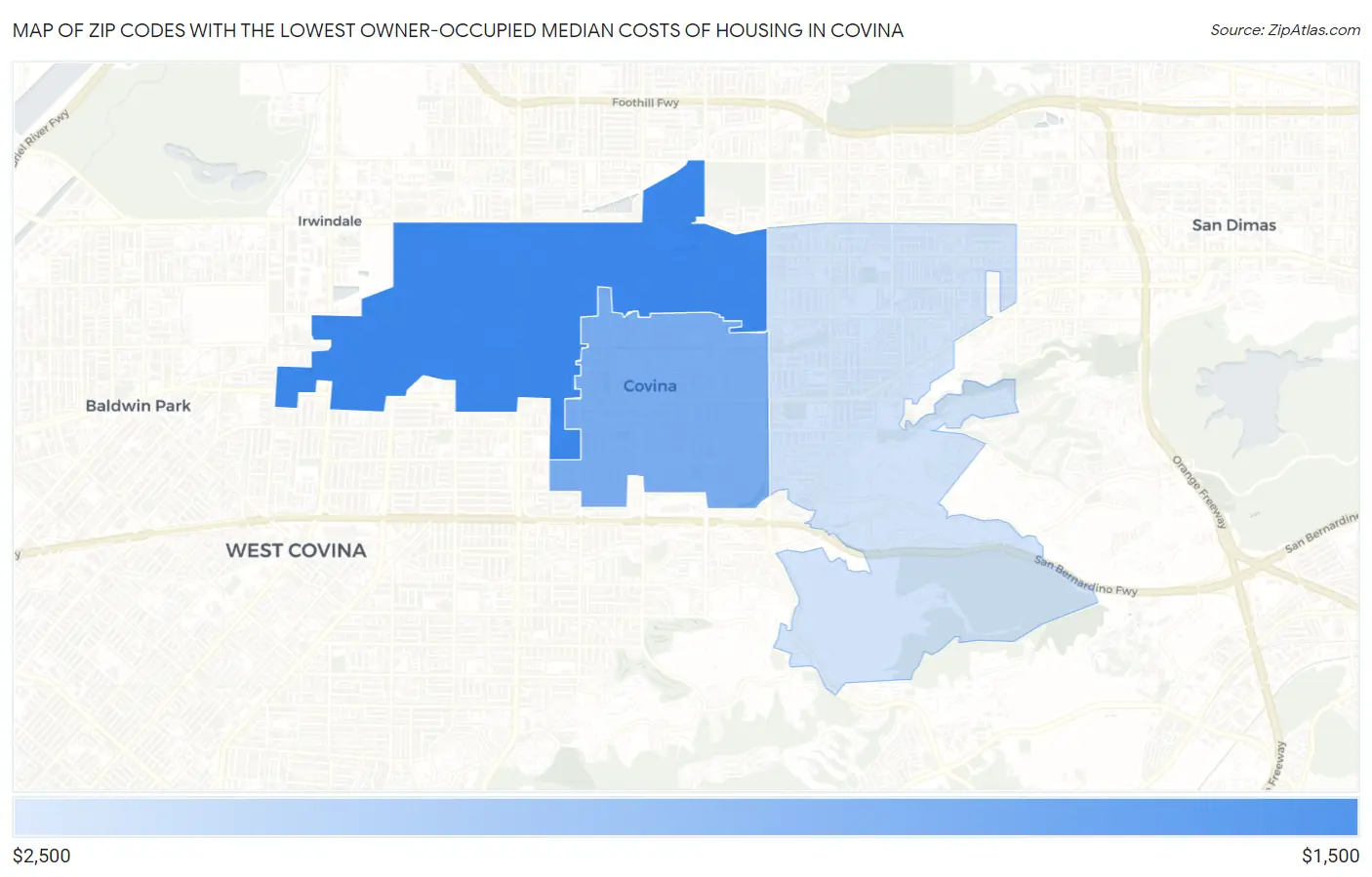 Zip Codes with the Lowest Owner-Occupied Median Costs of Housing in Covina Map