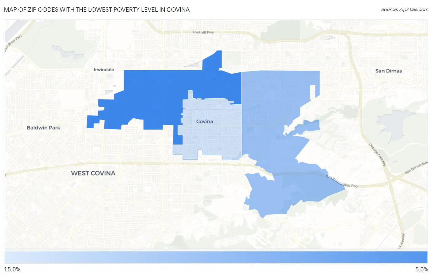 Zip Codes with the Lowest Poverty Level in Covina Map