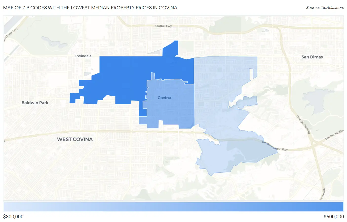 Zip Codes with the Lowest Median Property Prices in Covina Map