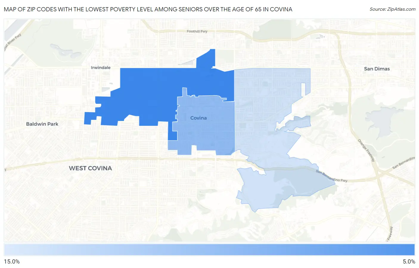 Zip Codes with the Lowest Poverty Level Among Seniors Over the Age of 65 in Covina Map