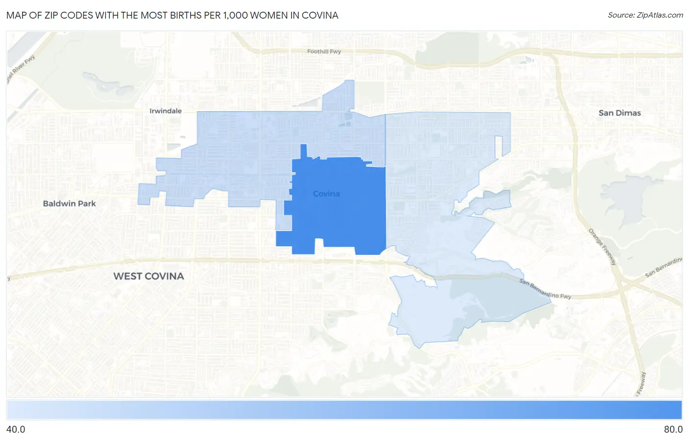 Zip Codes with the Most Births per 1,000 Women in Covina Map