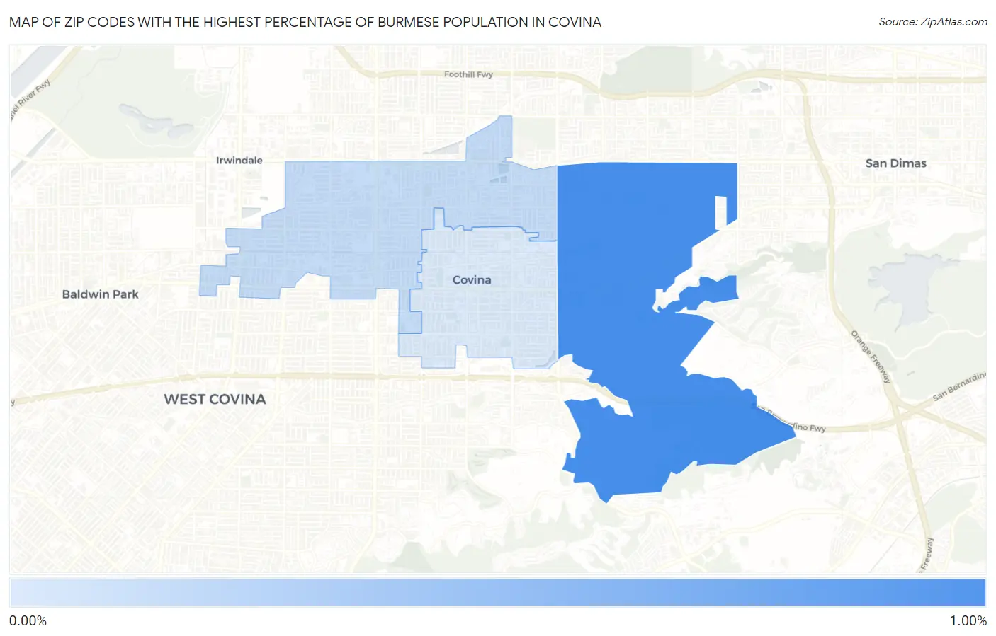 Zip Codes with the Highest Percentage of Burmese Population in Covina Map