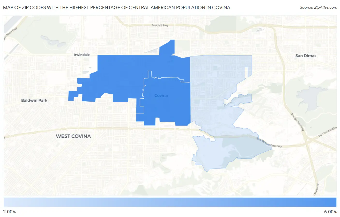 Zip Codes with the Highest Percentage of Central American Population in Covina Map