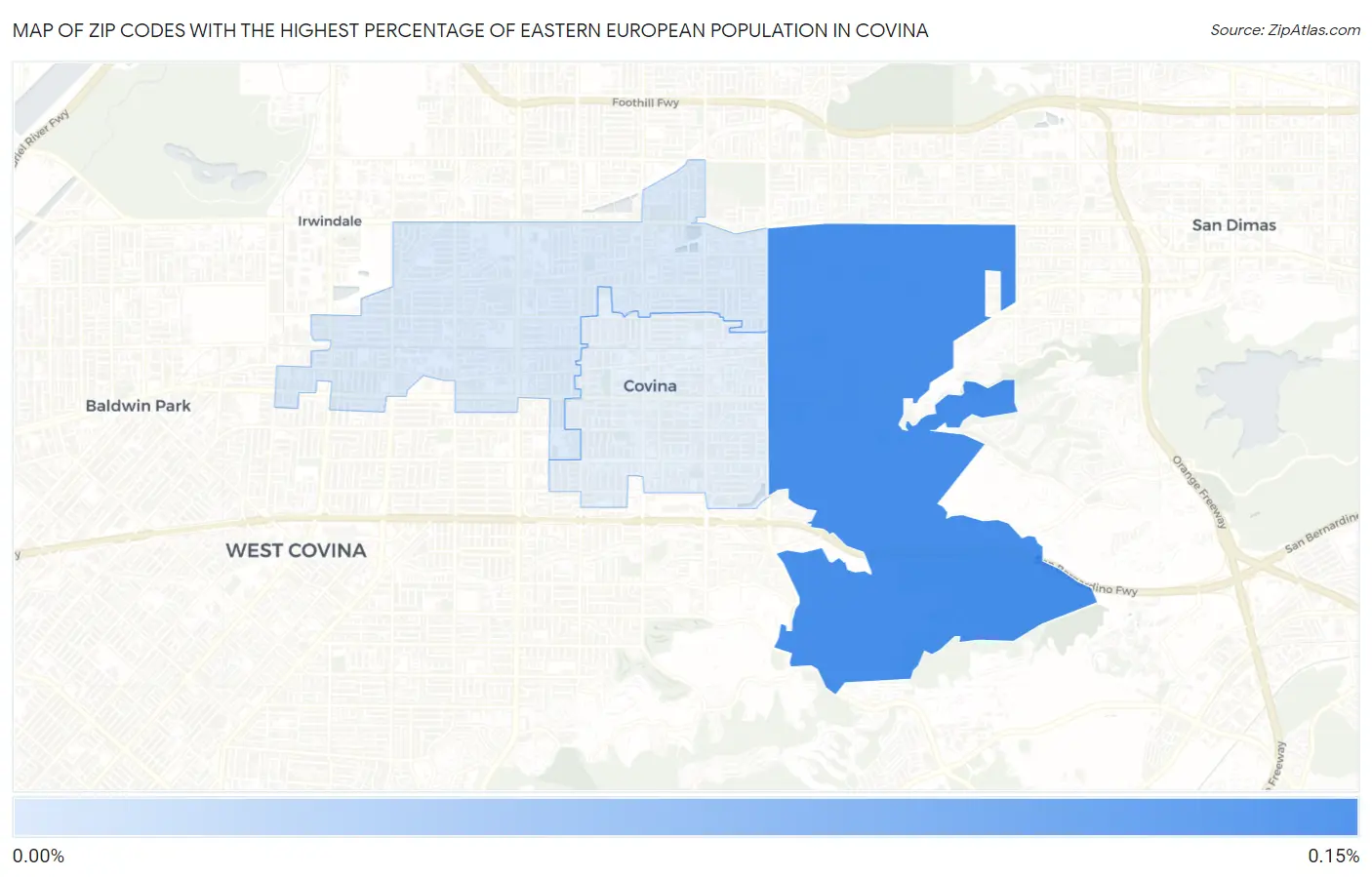 Zip Codes with the Highest Percentage of Eastern European Population in Covina Map