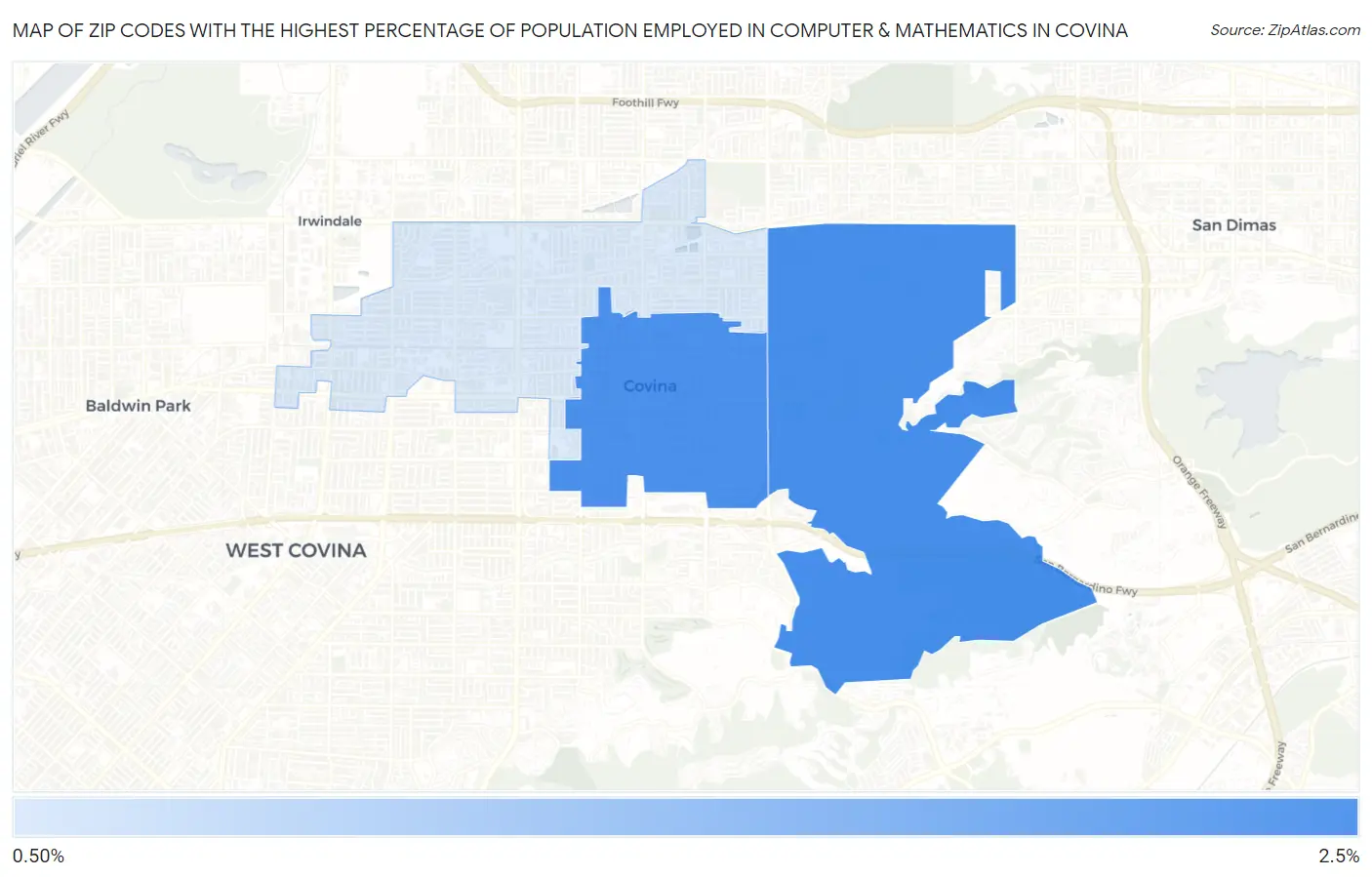 Zip Codes with the Highest Percentage of Population Employed in Computer & Mathematics in Covina Map