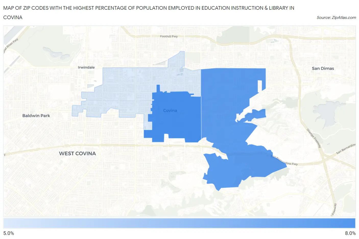 Zip Codes with the Highest Percentage of Population Employed in Education Instruction & Library in Covina Map