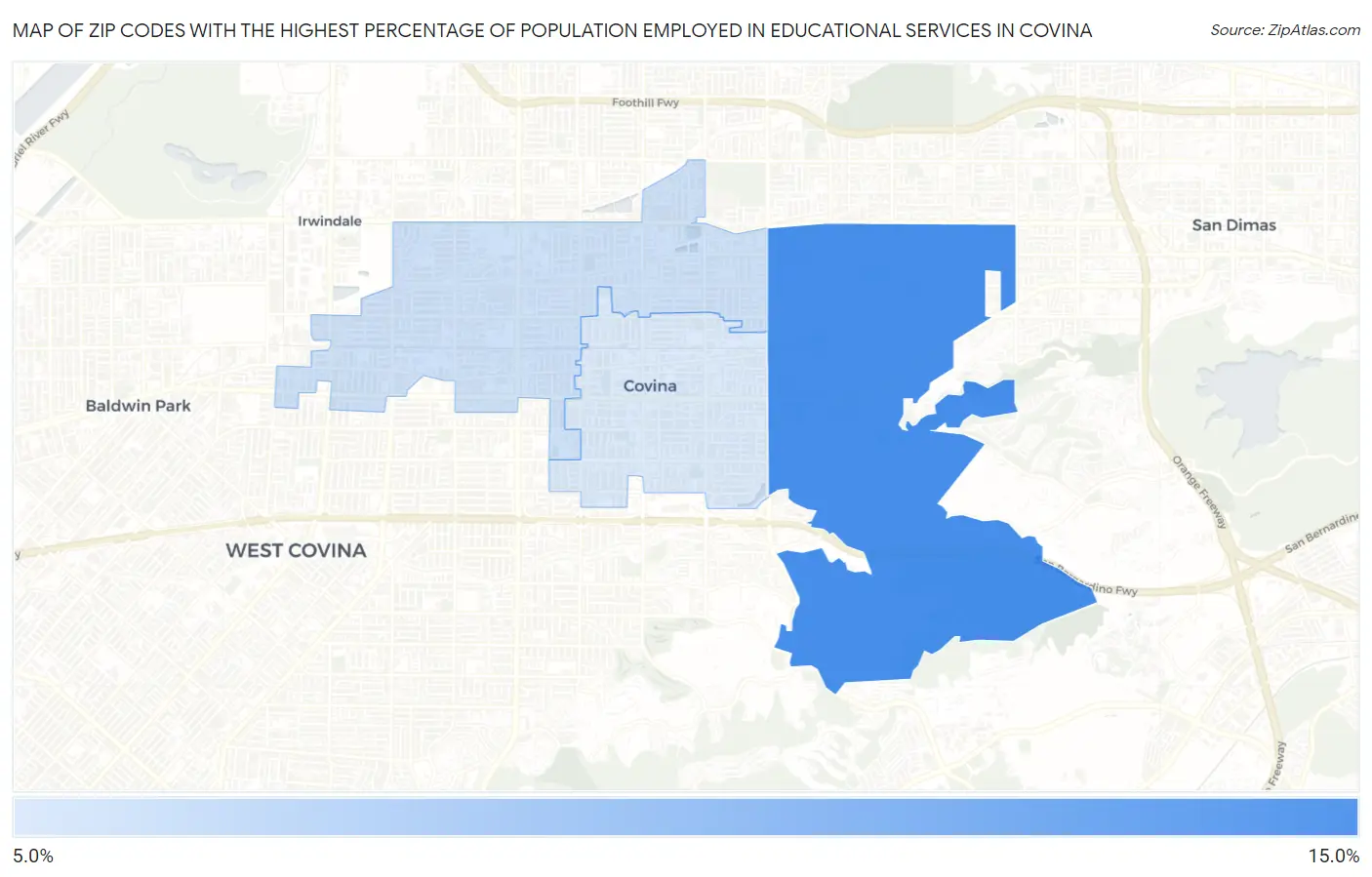 Zip Codes with the Highest Percentage of Population Employed in Educational Services in Covina Map