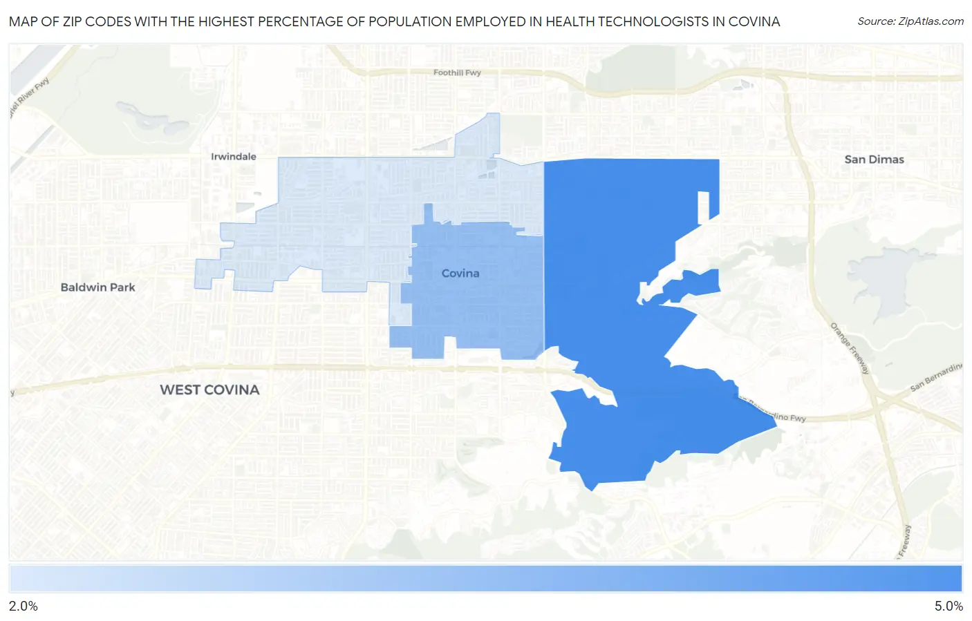Zip Codes with the Highest Percentage of Population Employed in Health Technologists in Covina Map