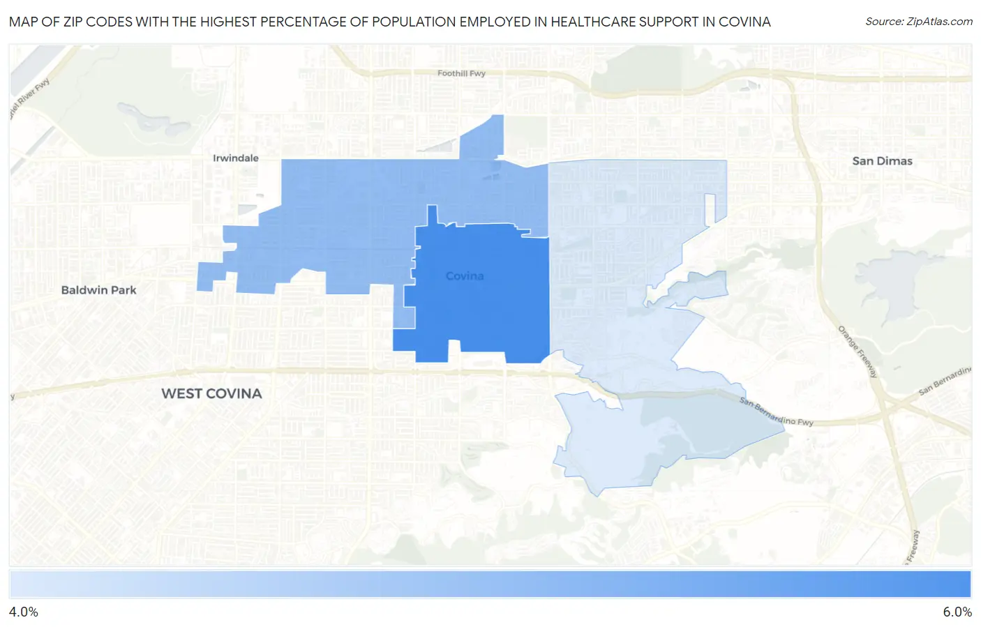 Zip Codes with the Highest Percentage of Population Employed in Healthcare Support in Covina Map