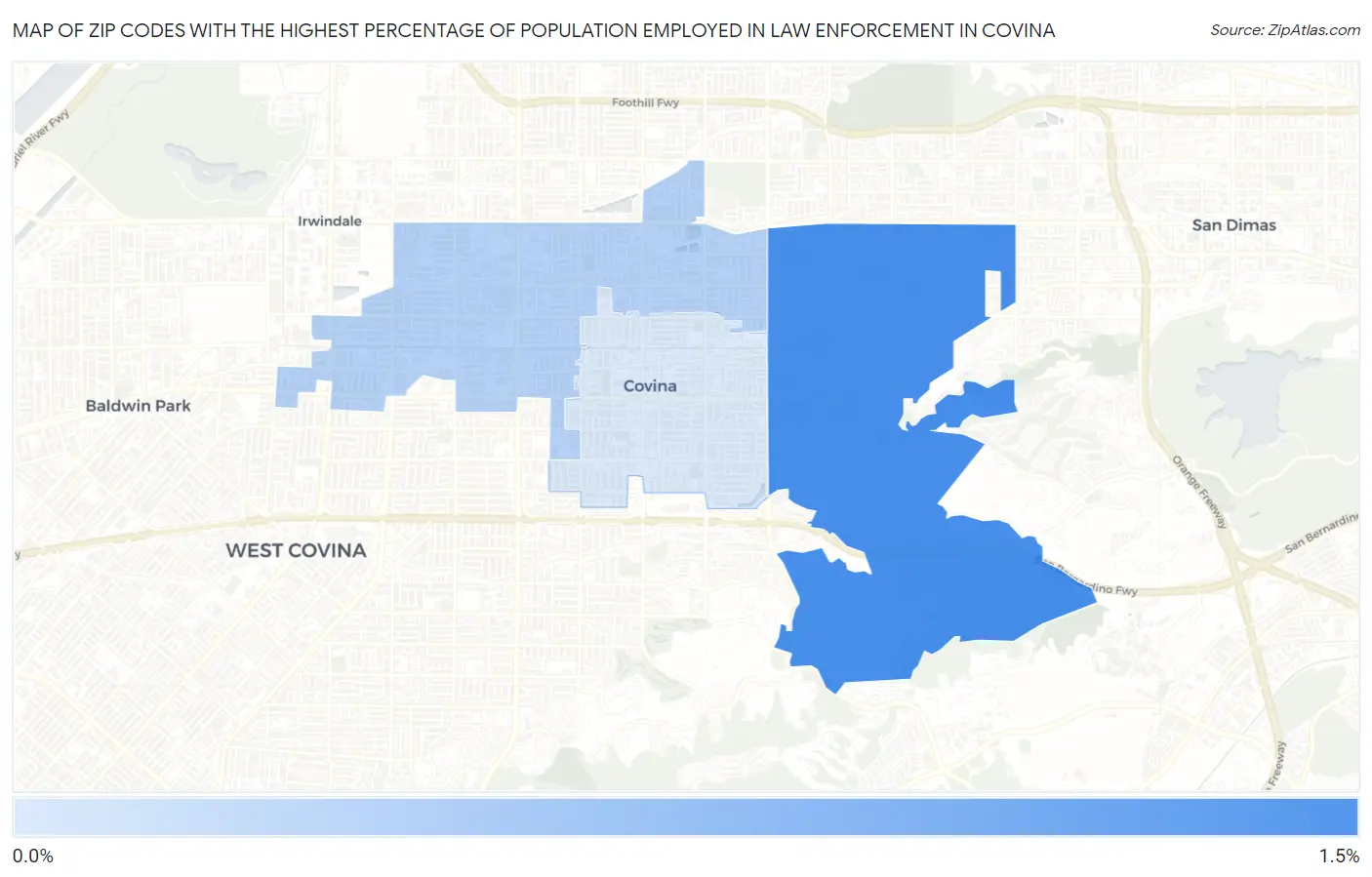 Zip Codes with the Highest Percentage of Population Employed in Law Enforcement in Covina Map