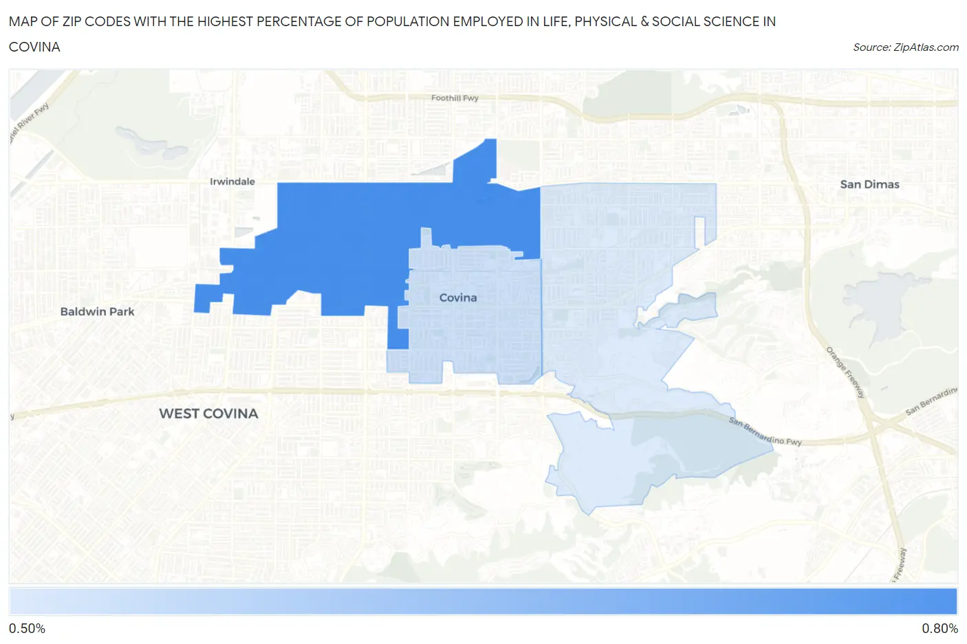 Zip Codes with the Highest Percentage of Population Employed in Life, Physical & Social Science in Covina Map