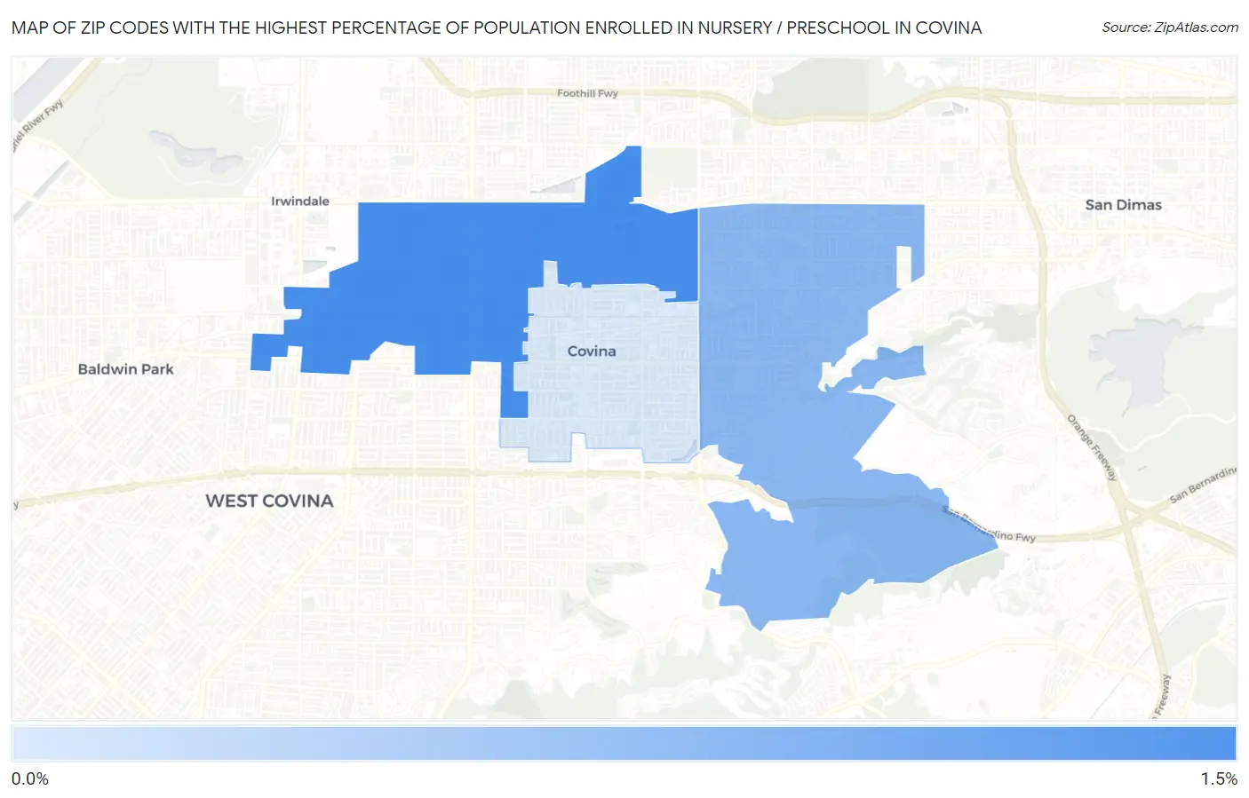 Zip Codes with the Highest Percentage of Population Enrolled in Nursery / Preschool in Covina Map