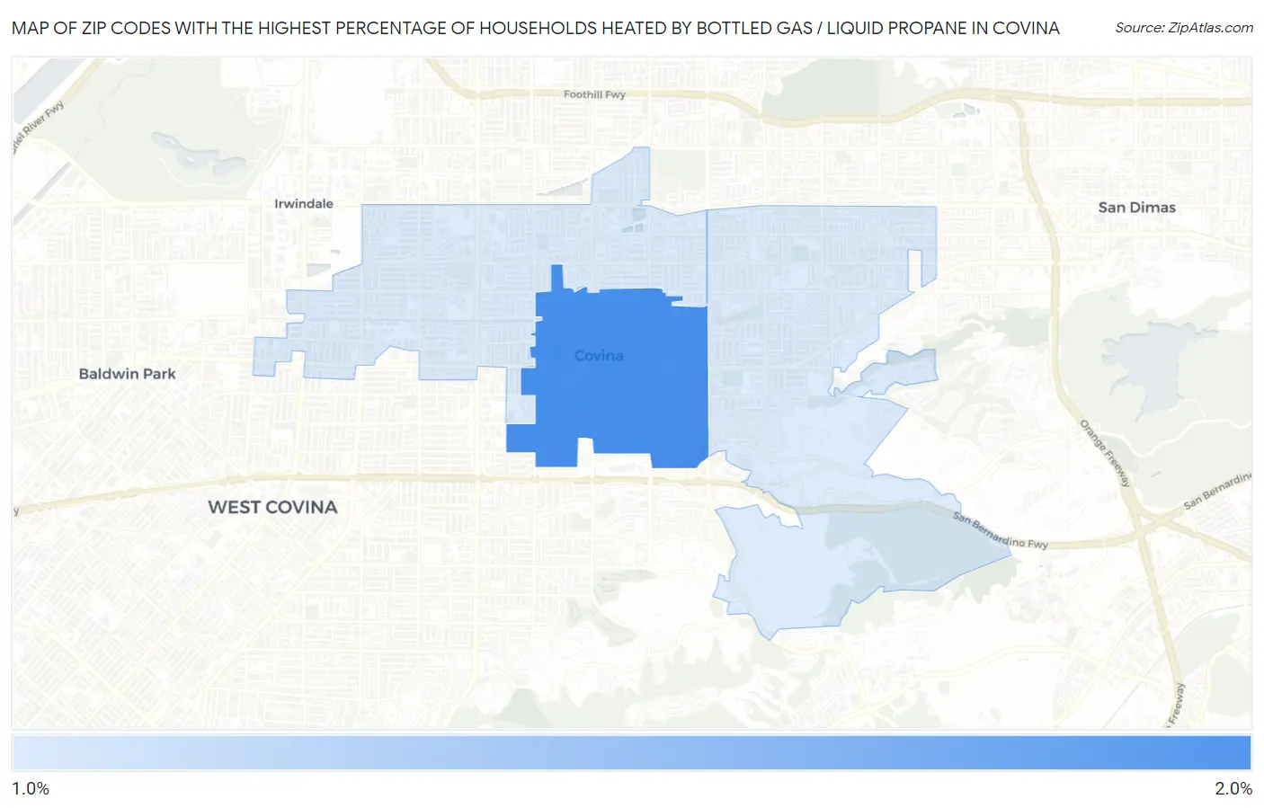 Zip Codes with the Highest Percentage of Households Heated by Bottled Gas / Liquid Propane in Covina Map