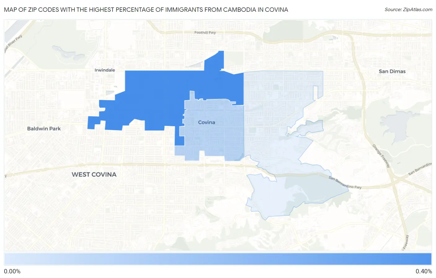 Zip Codes with the Highest Percentage of Immigrants from Cambodia in Covina Map