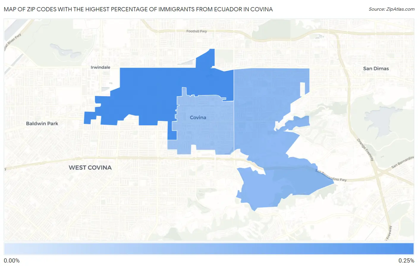 Zip Codes with the Highest Percentage of Immigrants from Ecuador in Covina Map