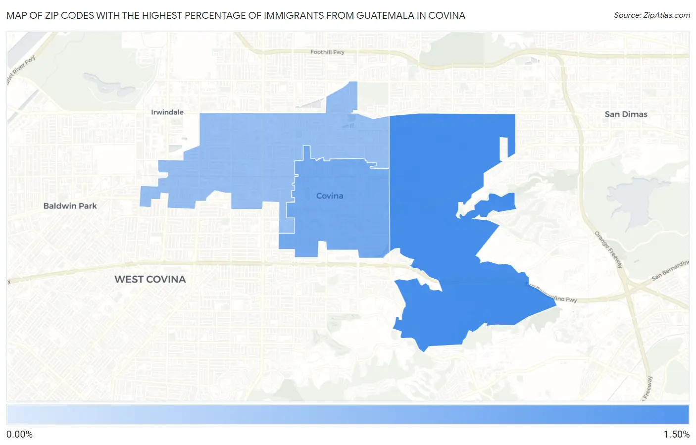Zip Codes with the Highest Percentage of Immigrants from Guatemala in Covina Map