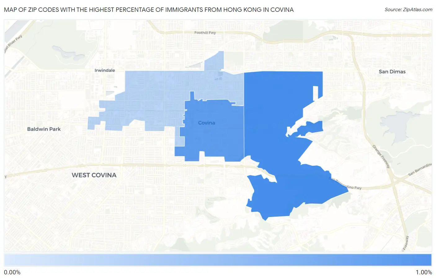 Zip Codes with the Highest Percentage of Immigrants from Hong Kong in Covina Map