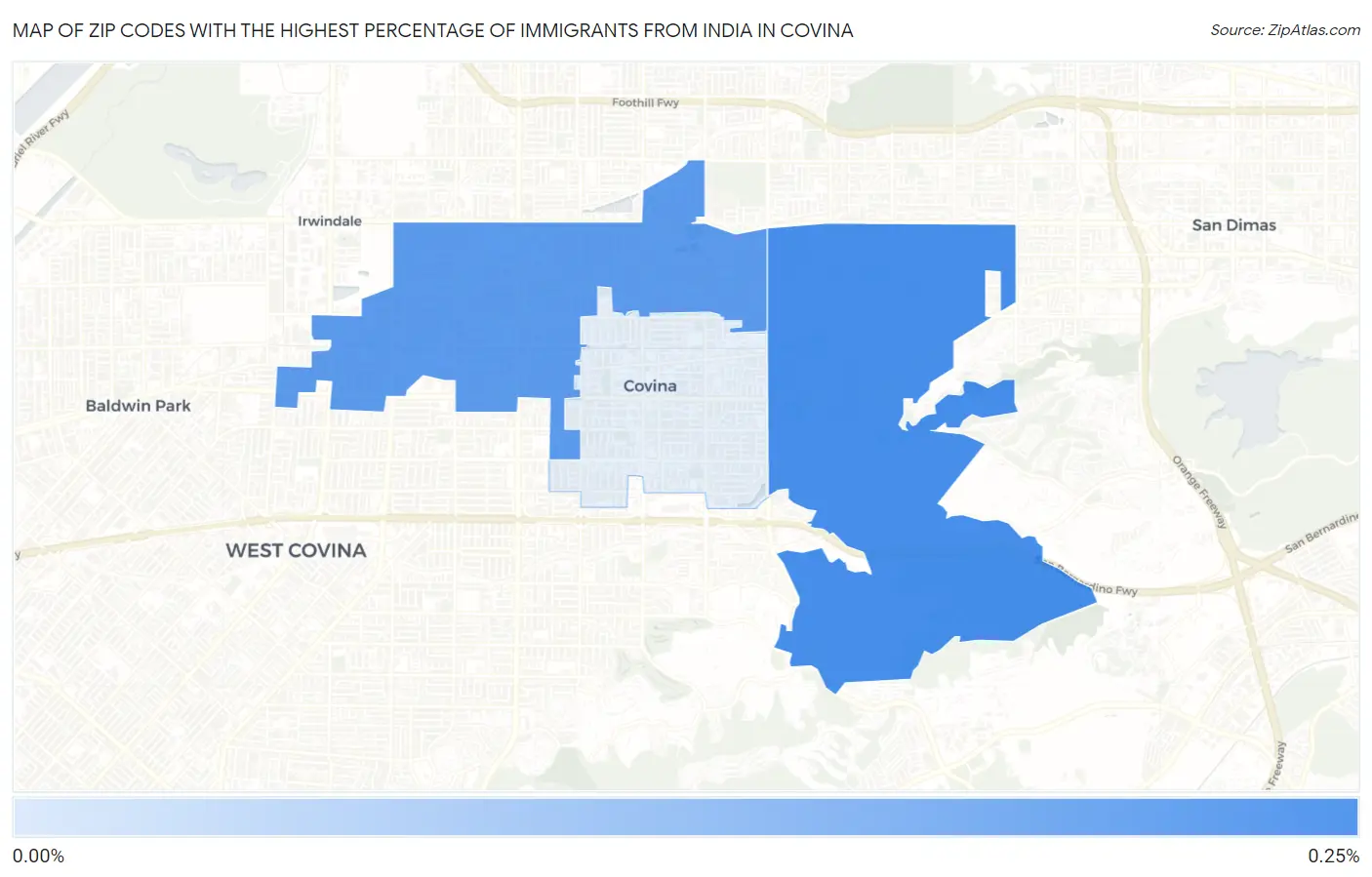 Zip Codes with the Highest Percentage of Immigrants from India in Covina Map