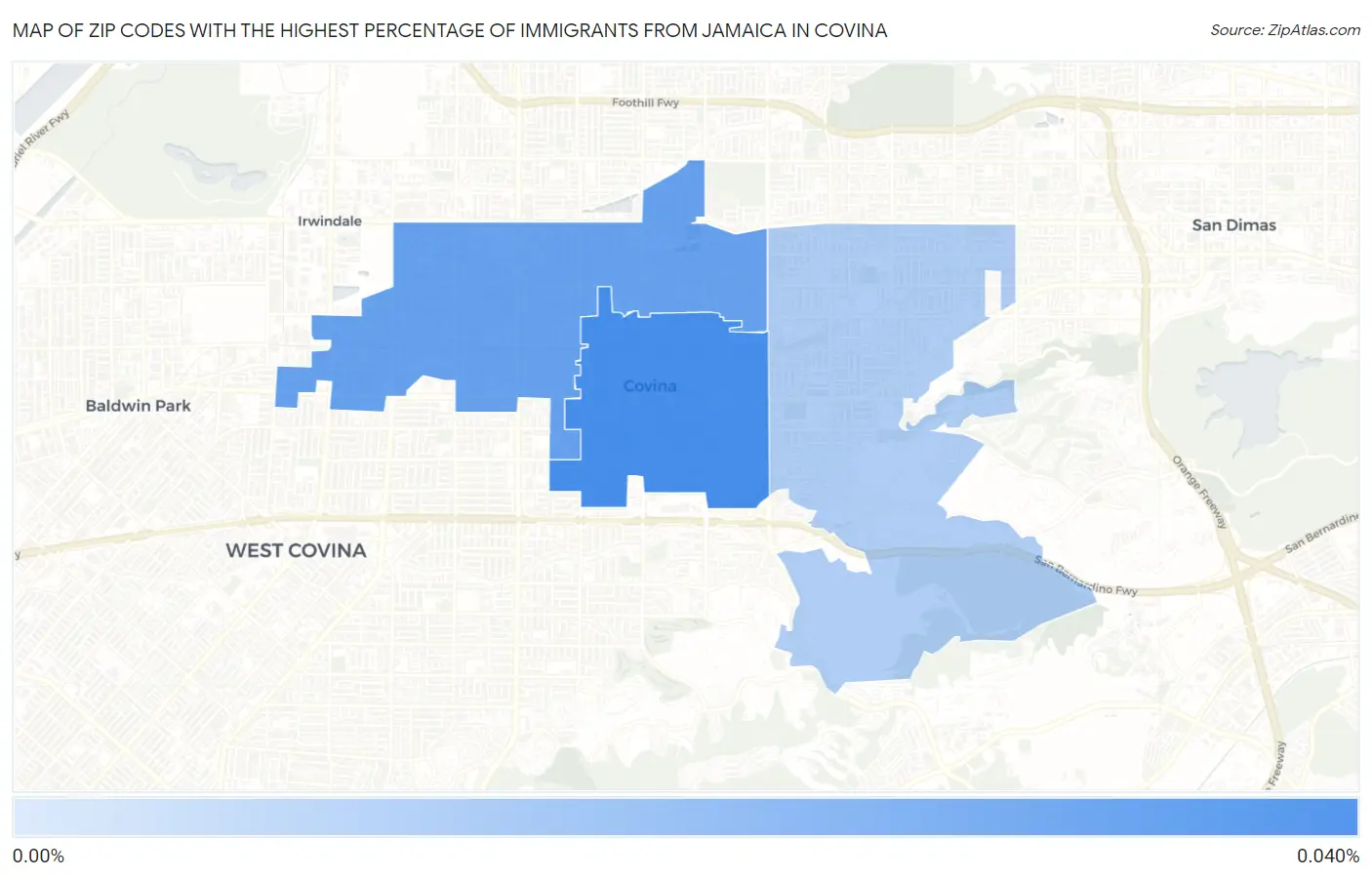 Zip Codes with the Highest Percentage of Immigrants from Jamaica in Covina Map