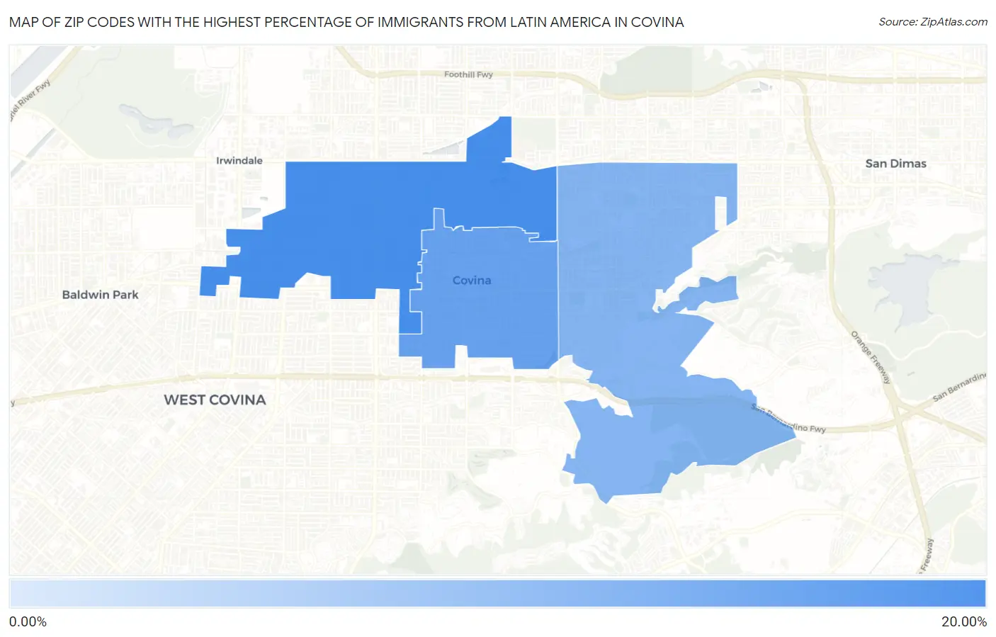 Zip Codes with the Highest Percentage of Immigrants from Latin America in Covina Map