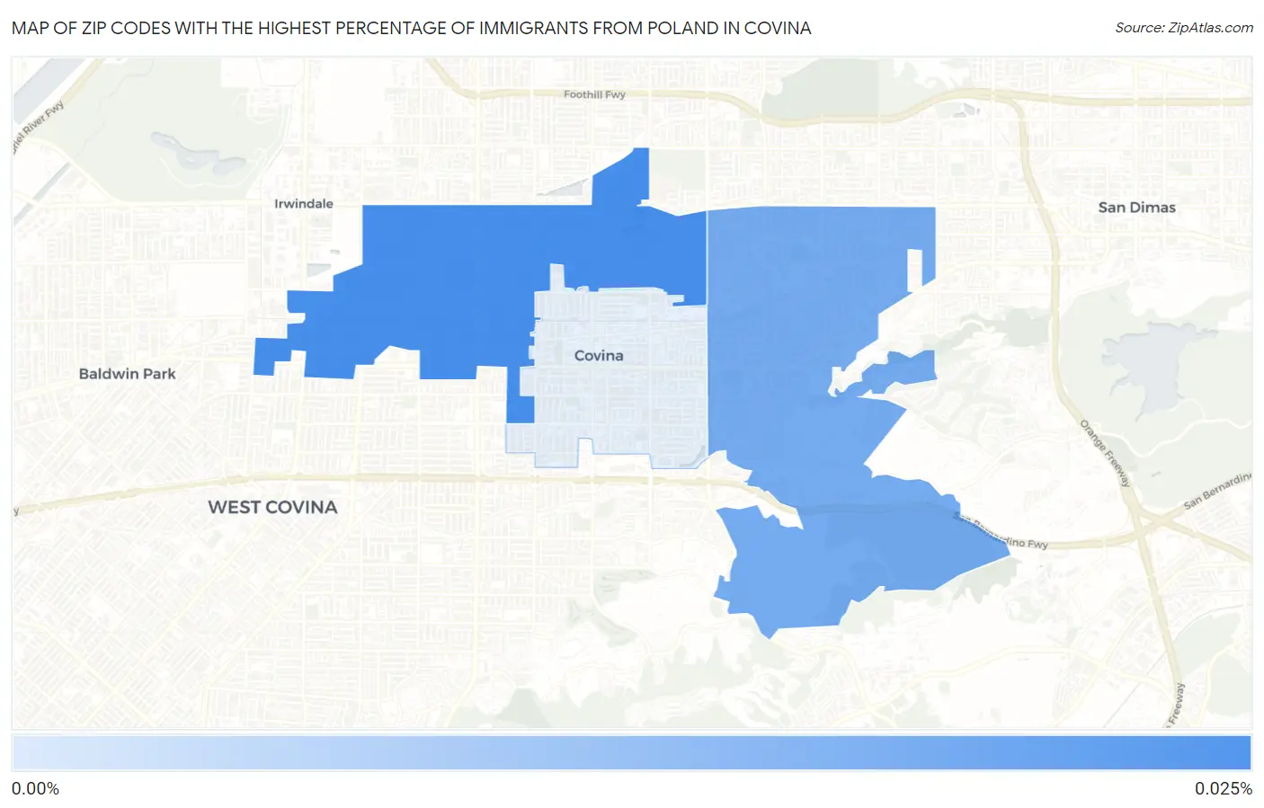 Zip Codes with the Highest Percentage of Immigrants from Poland in Covina Map