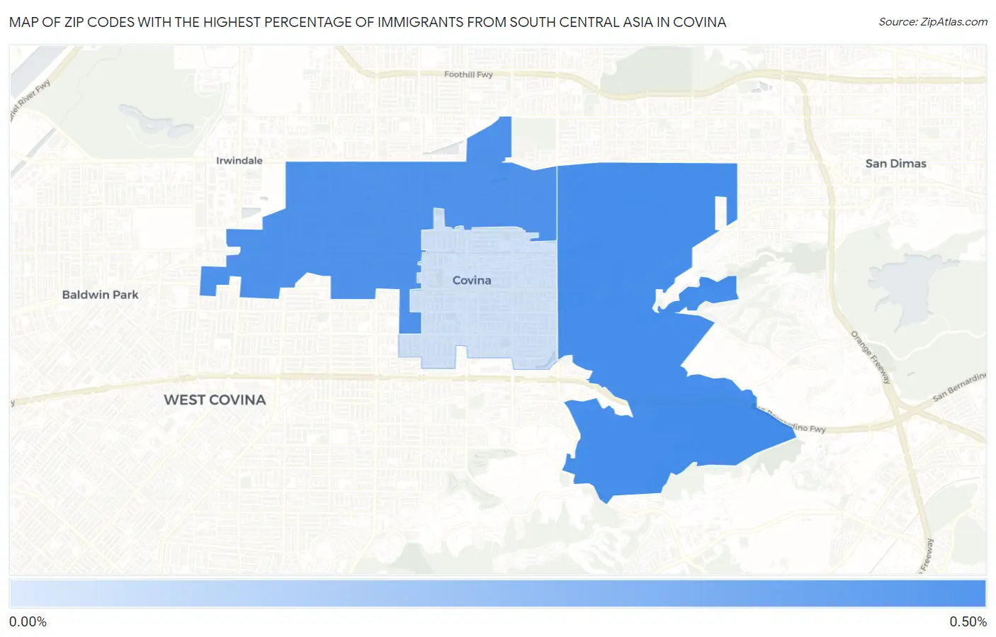 Zip Codes with the Highest Percentage of Immigrants from South Central Asia in Covina Map