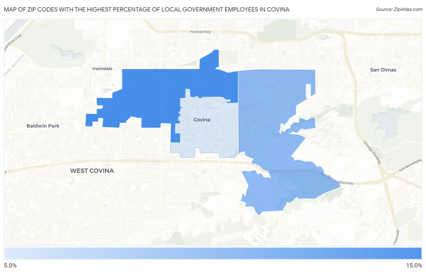 Zip Codes with the Highest Percentage of Local Government Employees in Covina Map