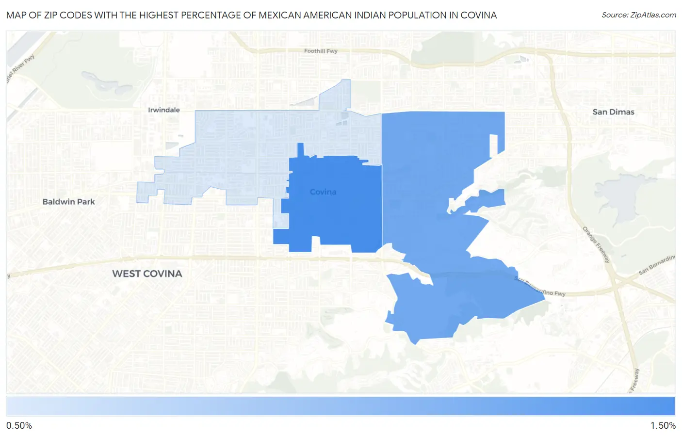 Zip Codes with the Highest Percentage of Mexican American Indian Population in Covina Map