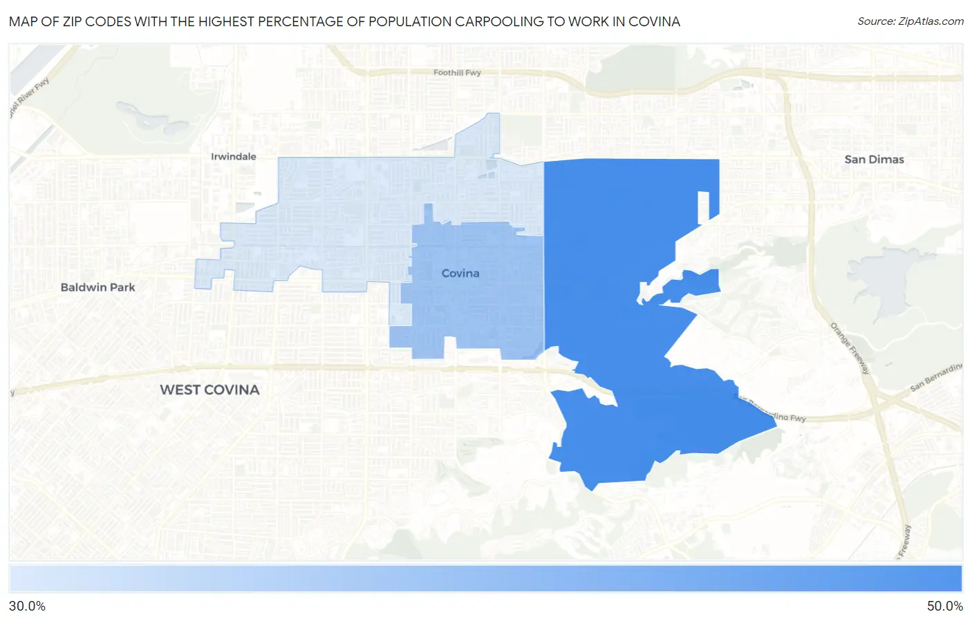 Zip Codes with the Highest Percentage of Population Carpooling to Work in Covina Map