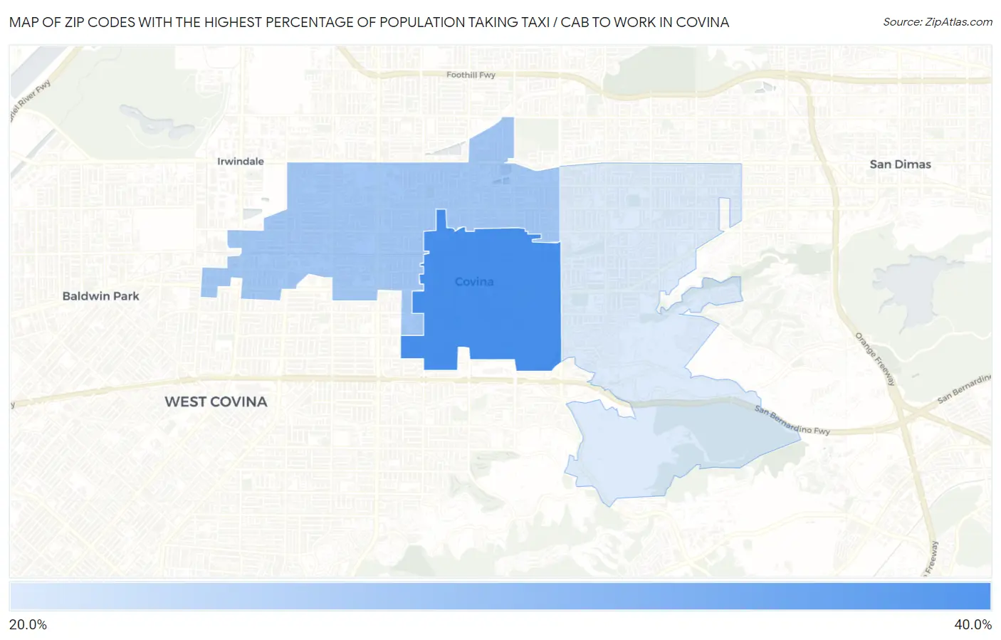 Zip Codes with the Highest Percentage of Population Taking Taxi / Cab to Work in Covina Map